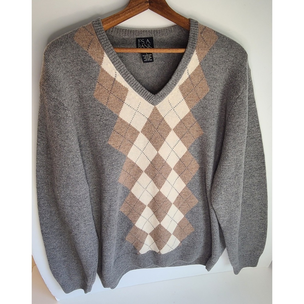Jos A Bank Size L Gray Tan Argyle V Neck Long Sleeve Lambswool Wool Sweater‎